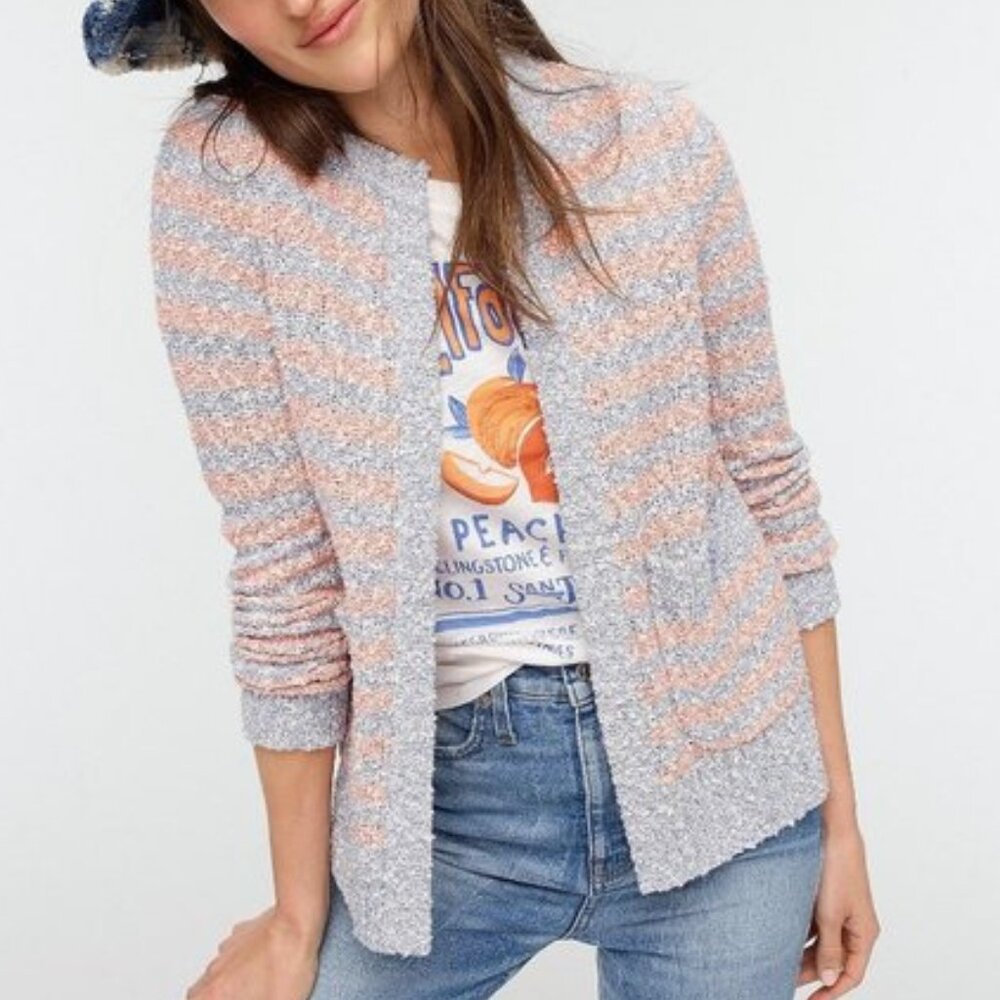 J. CREW Cardigan Sweater Tweed Stripe Blue Coral Pink / Orange Open Front Preppy